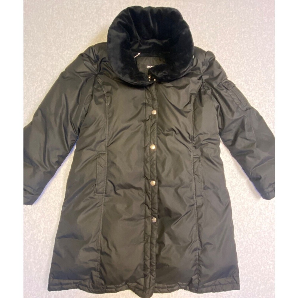Black Long Quilted Puffer Coat with Faux Fur Collar